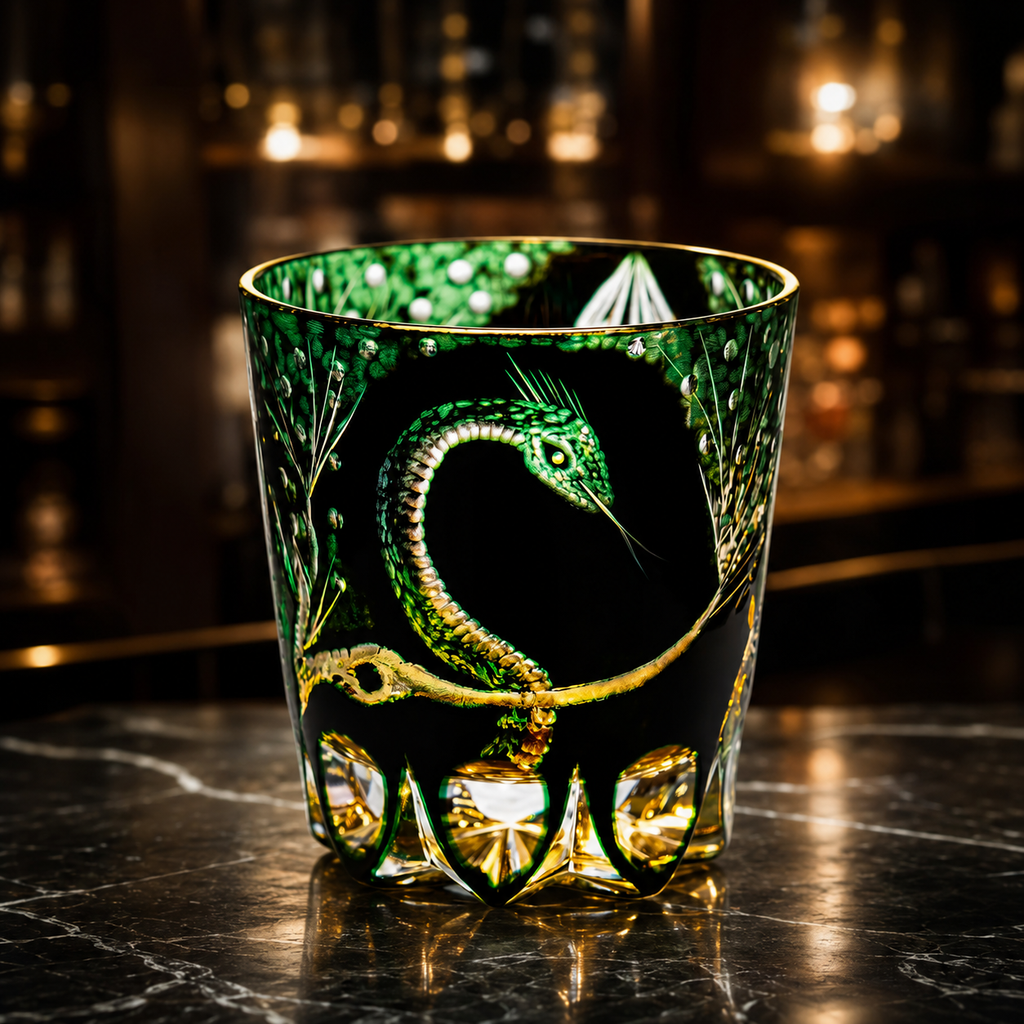 Black Crystal Serpent Whisky Glass | Green Gold Relief Tumbler - Product image 2