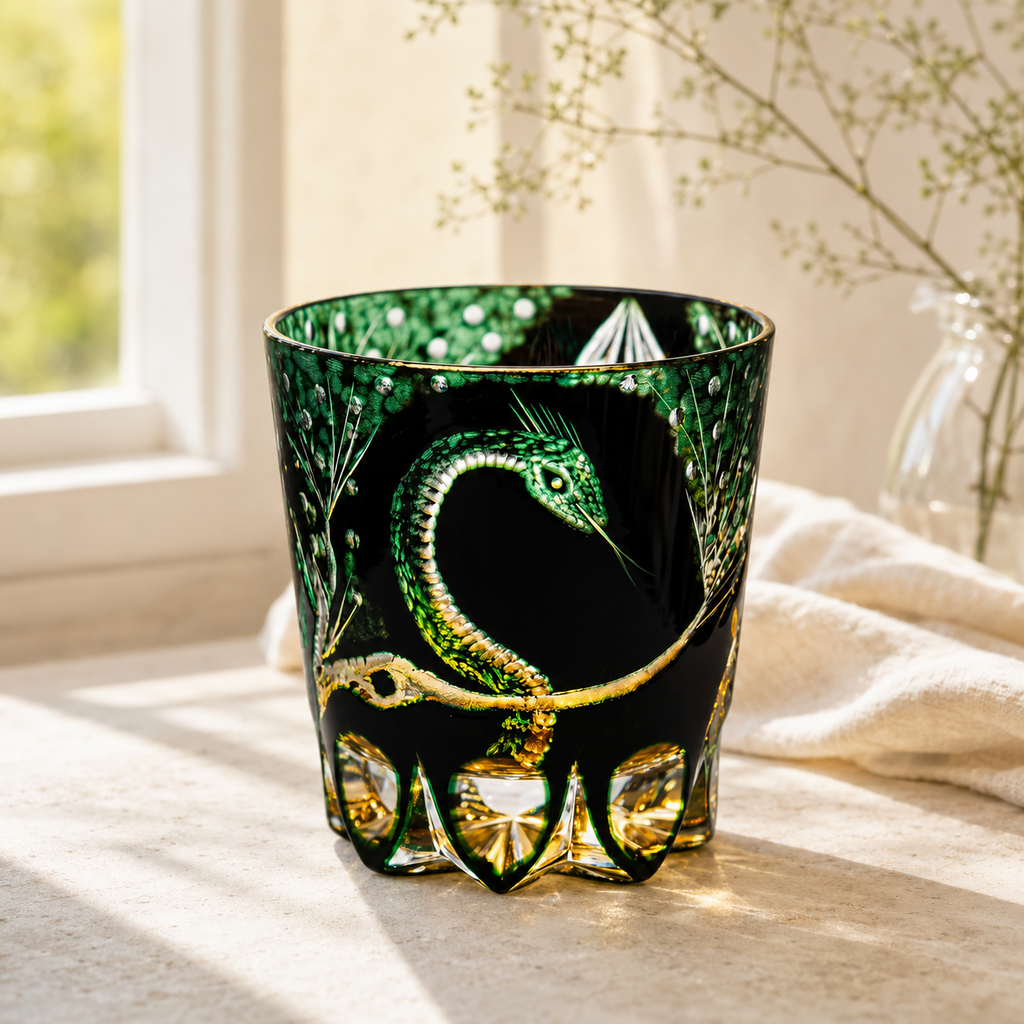 Black Crystal Serpent Whisky Glass | Green Gold Relief Tumbler - Product image 3