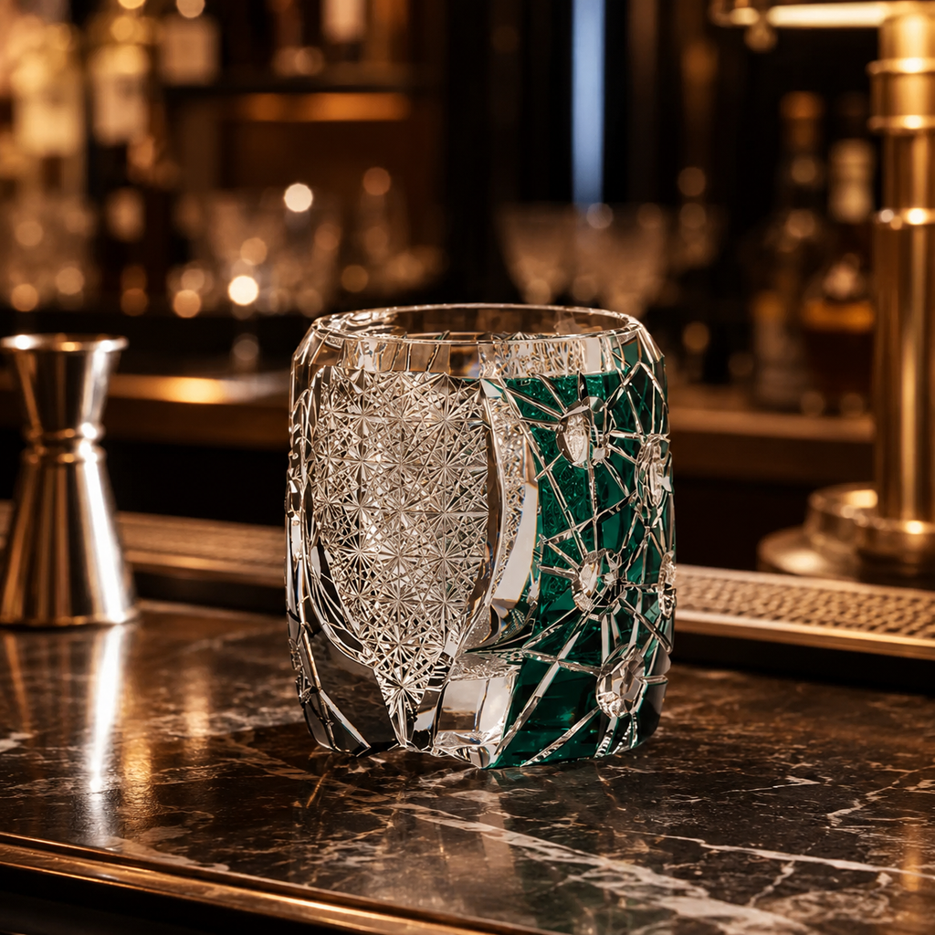 Dual-Tone Planet Edo Kiriko Whisky Glass | Green Clear Japanese Tumbler - Product image 2