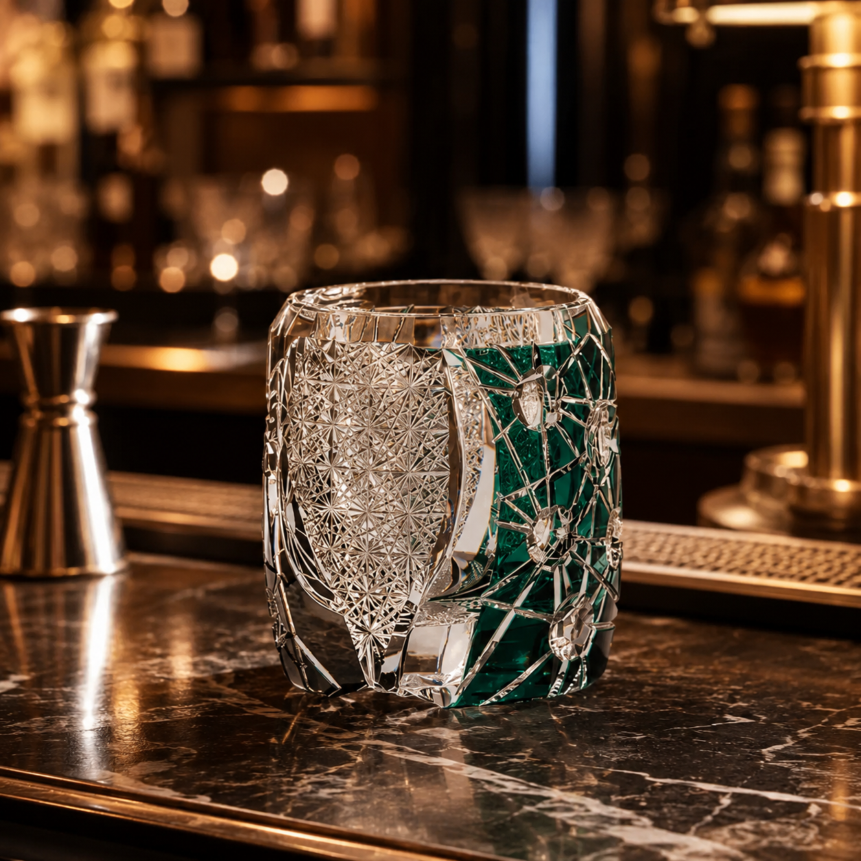 Dual-Tone Planet Edo Kiriko Whisky Glass | Green Clear Japanese Tumbler - Product image 2