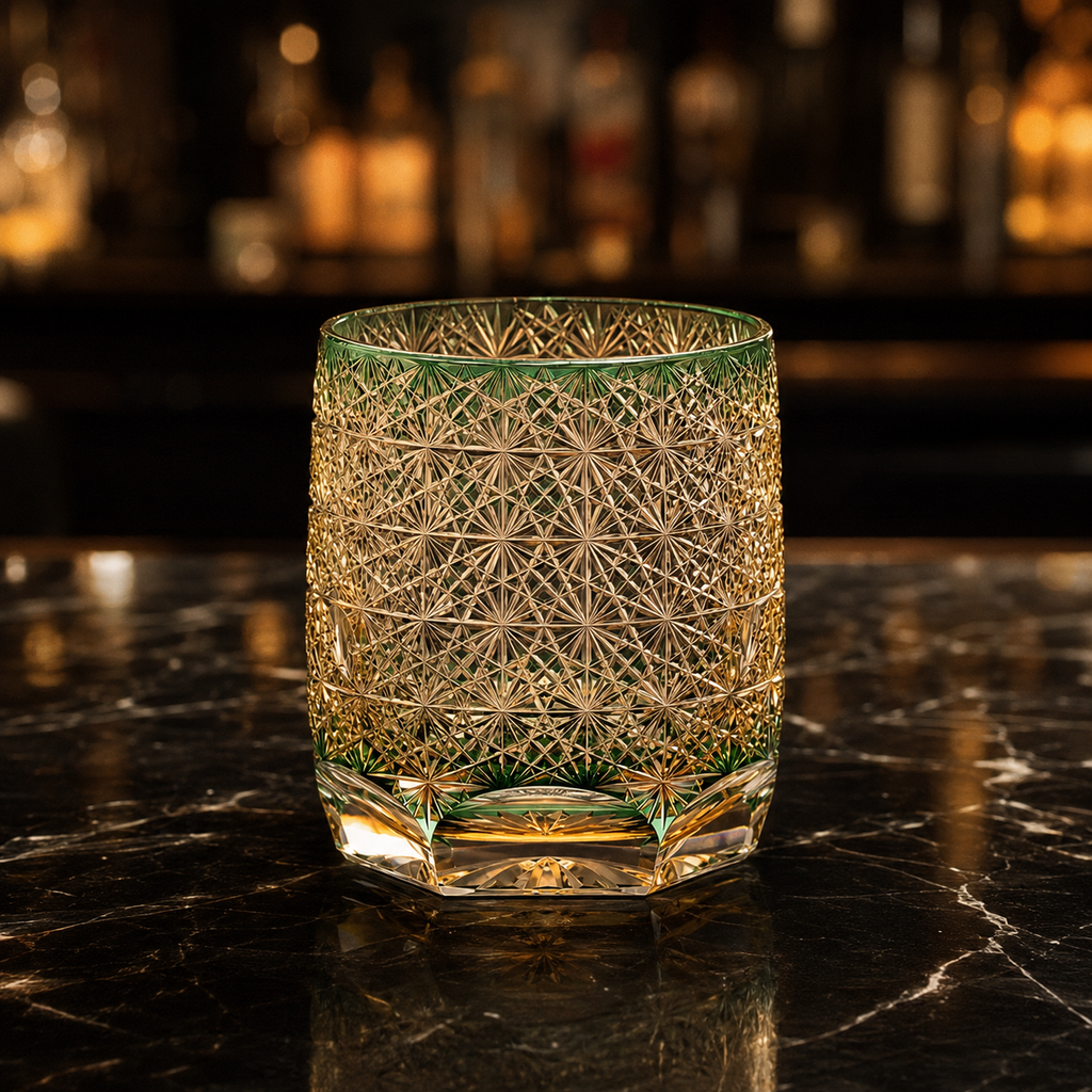 Jade Tide Edo Kiriko Whisky Glass | Green Gold Japanese Crystal Tumbler - Product image 2