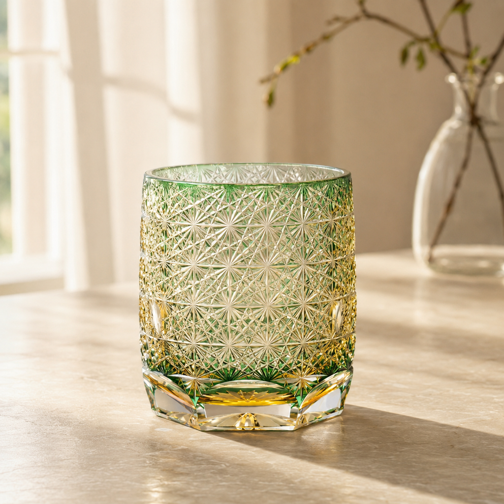 Jade Tide Edo Kiriko Whisky Glass | Green Gold Japanese Crystal Tumbler - Product image 4